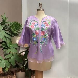 Handpainted Kimona Blouse Silk Florals Lined Filipiniana Purple Size XL